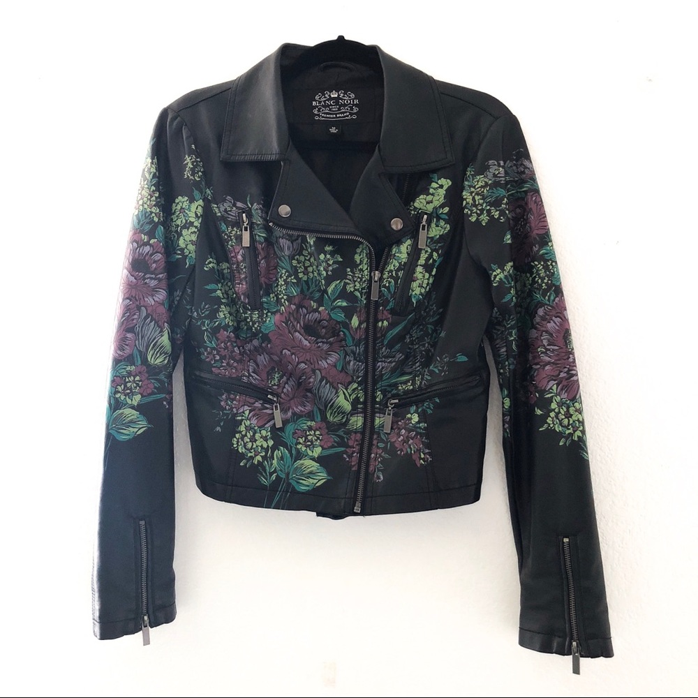 Faux Leather Floral Motorcycle Jacket Size M
